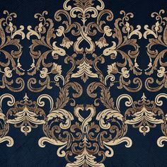 an ornate gold and black wallpaper pattern on a dark blue background with white accents