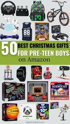 the top ten christmas gifts for boys on amazon, with text overlay that reads 50 best