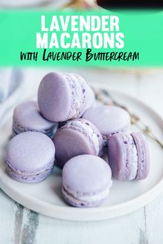 lavender macarons with lavender buttercream on a white plate and text overlay reads lavender macaroons with lavender buttercream