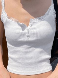 Lace Trim Button-Up Ribbed Crop Cami Top - AnotherChill White Camisole Top, Lace Trim Cami Top, Vest Crop Top, Sleeveless Tops Summer, Lace Trim Cami, Lace Cami Top, Lace Camisole, Cropped Tops, Cropped Cami