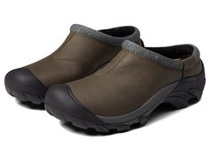 KEEN Targhee II Clog - Men's Clog Shoes : Pewter/Black : Get that rugged look while carrying out your daily adventures with ease and comfort wearing the KEEN Targhee II Clogs. Upper is made of environmentally preferred premium leather from an LWG-certified tannery. Breathable textile lining. Removable PU insole for long-lasting comfort. Iconic KEEN fit with generous space across forefoot for toes to spread out. Eco odor control technology to repel odor and keep your feet fresh all day. Slip-on c Brown Slip-on Waterproof Boots For Outdoor Activities, Rugged Slip-on Waterproof Hiking Boots, Rugged Waterproof Slip-on Hiking Boots, Slip-on Leather Waterproof Hiking Boots, Slip-on Leather Waterproof Boots For Hiking, Comfortable Durable Clogs For Outdoor Activities, Rugged Green Leather Waterproof Boots, Rugged Leather Outdoor Clogs, Slip-on Waterproof Leather Boots For Outdoor