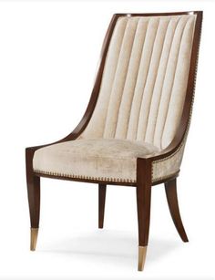 an upholstered chair with wooden legs and beige fabric on the back, against a white background