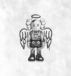 a black and white drawing of a cartoon character with wings on his head, standing in front of a grungy background