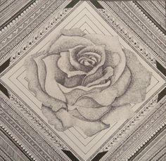 a pencil drawing of a rose on a black and white background with an intricate border