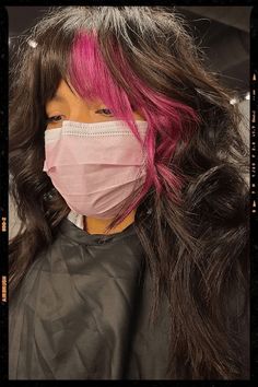 Pop Of Hair Color, Wolfcut Hair Long With Color, Pop Of Purple Hair, Peekaboo Hair Color Curtain Bangs, Brown Hair With A Pop Of Color, Brown Hair With Pops Of Color, Color Block Hair Pink, Short Hair With Color Underneath, Pop Of Pink Hair