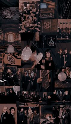 a collage of photos with people dressed in black and white, including an image of harry potter