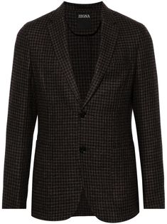 navy blue/chocolate brown linen-wool blend houndstooth pattern front button fastening notched lapels long sleeves with buttoned cuffs chest welt pocket two side patch pockets English rear vents two internal patch pockets partial lining straight hem