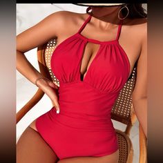 This Item Is Brand New! Size Xl Elegant Red Bodysuit For Beach, Elegant Red Bodysuit For The Beach, Red Halter Neck Bodysuit For Vacation, Elegant Red Beach Bodysuit, Chic Red Halter Neck Swimwear, Red Halter Neck Bodysuit For Swimming, Red Halter Neck Bodysuit With Lined Body, Red V-neck Swimwear For Party, Red Halter Neck Bodysuit