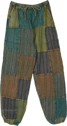 Enter the enchanted forest with these deep-hued forest bloom handmade harem pants. Perfect for both men and women, these cotton pants are comfy and feature two side pockets and an elastic waistband with drawstring, and elastic ankle cuffs. #tlb #SplitSkirtsPants #Patchwork #bohemianfashion #CottonHaremPants #HippiePajamas Bohemian Striped Cotton Pants, Nature Clothes, Trippy Clothes, Diy Pants, Cotton Harem Pants, Masc Outfits, Green Clothing, Unisex Pajamas, Fabric Pants