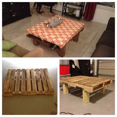 four different pictures of wooden pallets in various stages of being used as coffee tables