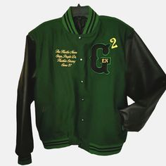 I Recently Entered Into The World Of Machine Embroidery! And Now I Offer All Sorts Of Embroidered Products Done With Precision! This Classic,Authentic Varsity Jacket Is One Of My Original Design Creations! It's 100 Percent Authentic Wool And Genuine Cowhide Leather Sleeves! Done In A Brilliant Emerald Green Color, With The Iconic Next-Gen Athletics Design Done With Contrasting Stitching And Design Elements! Fantastic First Edition! The Size Is Xl And Will Fit Most! Black Embroidered Varsity Jacket For College, Winter Cotton Outerwear With Custom Embroidery, Embroidered Black Cotton Varsity Jacket, Embroidered Green Outerwear For Streetwear, Black Embroidered Cotton Varsity Jacket, Green Embroidered Streetwear Outerwear, Green Embroidered Outerwear For Streetwear, Embroidered Fitted Varsity Jacket For Fall, Embroidered Fitted Outerwear For College