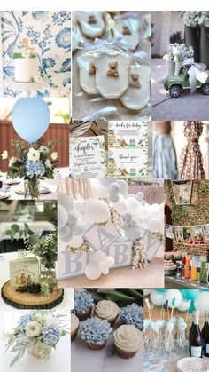 a collage of blue and white themed items including balloons, cake, cupcakes