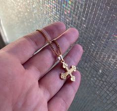 "*will add better photos over the holidays! This is a gold plated cross piece. It's made of pewter and cast at a production house in Rhode Island and then I hand finish and gold plate it in Toronto, Canada. I only have a couple right now, you can buy it with or without the chain and I can make the chain any length you want under 24\". Chain has a long lasting golden plating over stainless steel and has a lobster clasp. All of my plating is good quality and long lasting. Pendant measures approxim Byzantine Cross Pendant Necklace For Gift, Byzantine Cross Pendant Necklace As Gift, Byzantine Style Cross Pendant Necklace For Gift, Byzantine Style Cross Pendant Necklace As Gift, Gold Metal Crucifix Cross Necklace, Gold Spiritual Cross Pendant Necklace, Byzantine Cross Necklace With Engraving, Byzantine Crucifix Necklace As A Gift, Spiritual Gold Cross Necklace