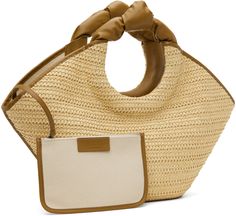 Woven raffia top handle bag in beige. · Grained calfskin trim throughout · Knotted detailing at carry handles · Magnetic closure · Detachable canvas pouch at interior · Canvas lining · H8.5 x W20 x D5 · Total height: H15.5 Supplier color: Natural/Bark Designer Natural Bags With Rolled Handles, Chic Canvas Bag With Rolled Handles, Chic Canvas Bags With Rolled Handles, Modern Beige Bags With Rolled Handles, Designer Beige Shoulder Bag With Rolled Handles, Neutral Shoulder Bag With Rolled Handles For Travel, Neutral Double Handle Bag With Rolled Handles, Neutral Bags With Rolled Double Handles, Cream Bags With Braided Round Handles