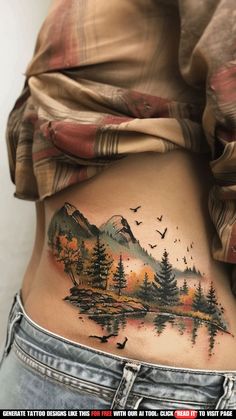 a woman's stomach with an image of trees and mountains on the bottom side