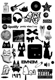 various black and white stickers with different types of items on them, including an emem logo