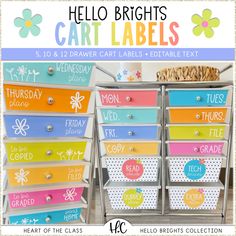 the hello brights cart labels are stacked on top of each other in different colors