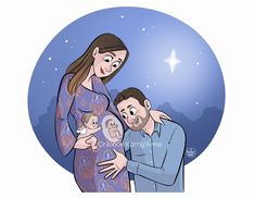 a man and woman are holding a baby in their arms while the sky is full of stars