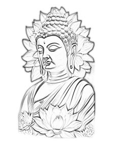 a drawing of buddha with lotus flowers in front of it and the outline of his head