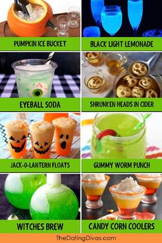 the different halloween drinks are labeled in green and orange colors, including pumpkins, lemonade