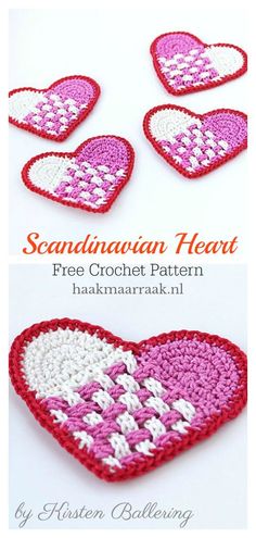 three crocheted hearts with the words scandinavian heart written in white and pink on them