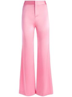 Alice + Olivia Deanna satin-finish Palazzo Pants - Farfetch Formal Pink Satin Bottoms, Feminine Satin Bottoms For Summer, Elegant Pink Satin Bottoms, Silk Wide Leg Pants For Spring Night Out, Spring Pink Satin Bottoms, Formal Satin Pants For Spring, Spring Satin High-waisted Pants, Spring High-waisted Satin Pants, Feminine Pink Satin Bottoms