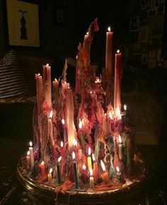 a cake with many lit candles on it