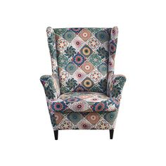 an upholstered chair with colorful patterns on it