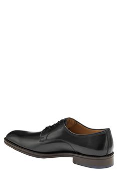 A high-sheen finish updates a smart plain-toe derby expertly welted to a lightweight leather sole. Leather upper, lining and sole Imported Goodyear Welted Snip Toe Oxfords For Business Casual, Classic Snip Toe Oxfords For Office, Classic Fitted Plain Toe Lace-up Shoes, Classic Plain Toe Lace-up Shoes, Classic Fitted Lace-up Shoes With Plain Toe, Classic Goodyear Welted Lace-up Shoes For Work, Classic Business Casual Oxfords With Leather Footbed, Classic Dress Shoes With Rubber Sole For Work, Classic Lace-up Shoes With Rubber Sole For Business Casual