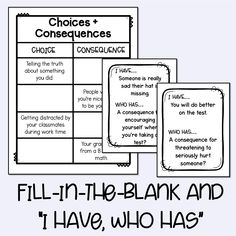 three worksheets with the words fill in the blank and i have, who has?