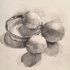 a drawing of some fruit in a bowl on a white paper with graphite pencils