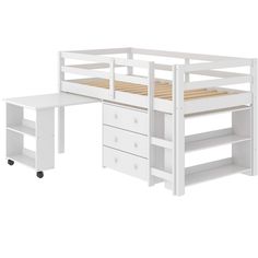 a white bunk bed with drawers underneath it and a desk on the bottom shelf below