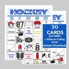 two printable hockey cards with the words, 30 cards and 8 different callings