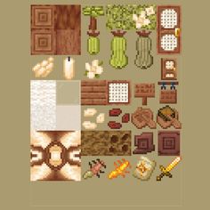 a cross stitch pattern with many different items in the same color and size as well as text