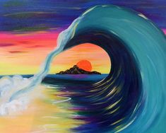 a painting of an ocean wave with the sun setting in the distance and mountains in the background