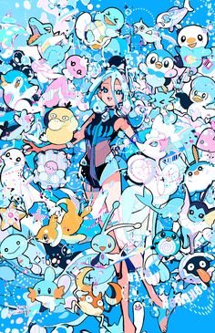 an image of a woman surrounded by many cartoon animals