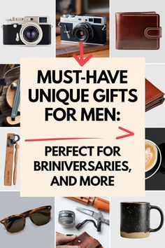 Must-have unique gifts for men, including cameras, wallet, tools, sunglasses, and coffee mug. Perfect for anniversaries and more. Just Because, The Man