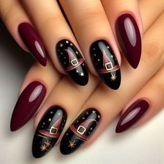 Halloween Burgundy Nails, Witch Halloween Nails Acrylic, Witch Halloween Nail Designs, Witches Hat Nail Art, Witch Hat Nail Design, Halloween Nails Maroon, Dark Purple Nails Halloween, Witchy Autumn Nails, Halloween Nails Burgundy