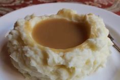 mashed potatoes and gravy on a white plate