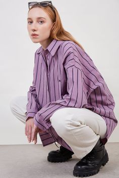 Purple striped oversized shirt_1 Purple Shirt Outfits, Purple Striped Shirt, Outfits With Striped Shirts, Tie Front Shirt, London Free, Purple Outfits, Front Tie Shirt, Purple Shirt, Fashion 2024