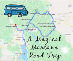 a map with a bus on it and the words, a magic mountain road trip