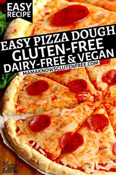 two pizzas sitting on top of a cutting board with the words easy pizza dough gluten - free dairy - free vegan