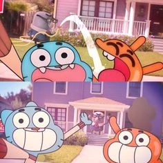 an image of cartoon characters in front of a house