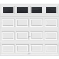 a white garage door with four windows and two doors on each side, all in different sizes