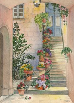 a painting of flowers and plants on the steps