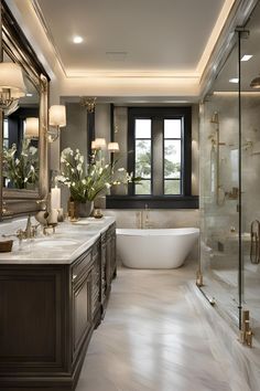 a large bathroom with two sinks and a bathtub in the middle, along with a walk - in shower