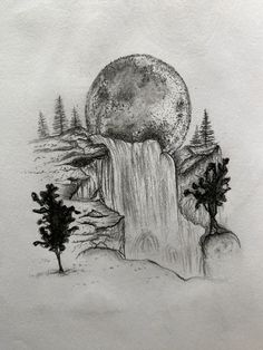 a pencil drawing of a waterfall with trees in the foreground and a full moon above it