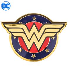 the wonder woman logo is shown in gold and blue, with stars on its side