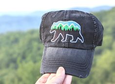 Bear Mountain Shape Hat, bear with Mountains hat, bear camping hat, Tennessee hat, smoky mountains hat, Camping hat, hiking hat, bear art by DistinctHeadwear on Etsy Bear Outline, Bun High, Camping Hat, Tree Camping, Mountain Trip, Mountain Hat, Ponytail Cap, Mountain Tree, Kids Baseball Caps