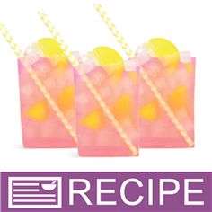 three pink bags filled with lemonade and straws next to the words recipe written in white